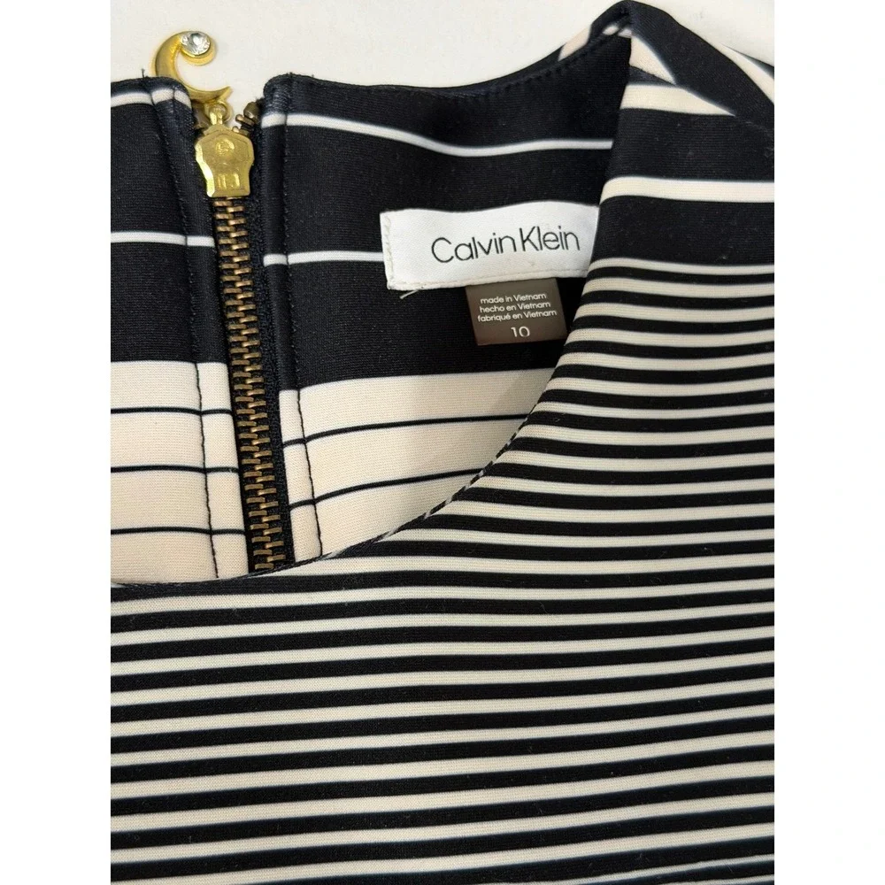 Calvin Klein Womens Black White Striped Fit Flare‎ Dress Moon Zipper Size 10